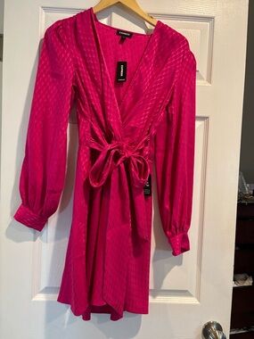 Express Hot Pink faux Wrap Dress with Tie Waist